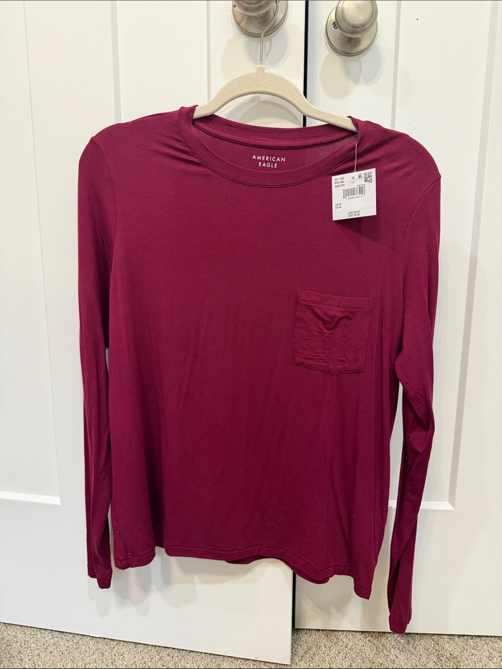 American Eagle Outfitters Women's Long-Sleeve Pocket Tee - Deep Berry